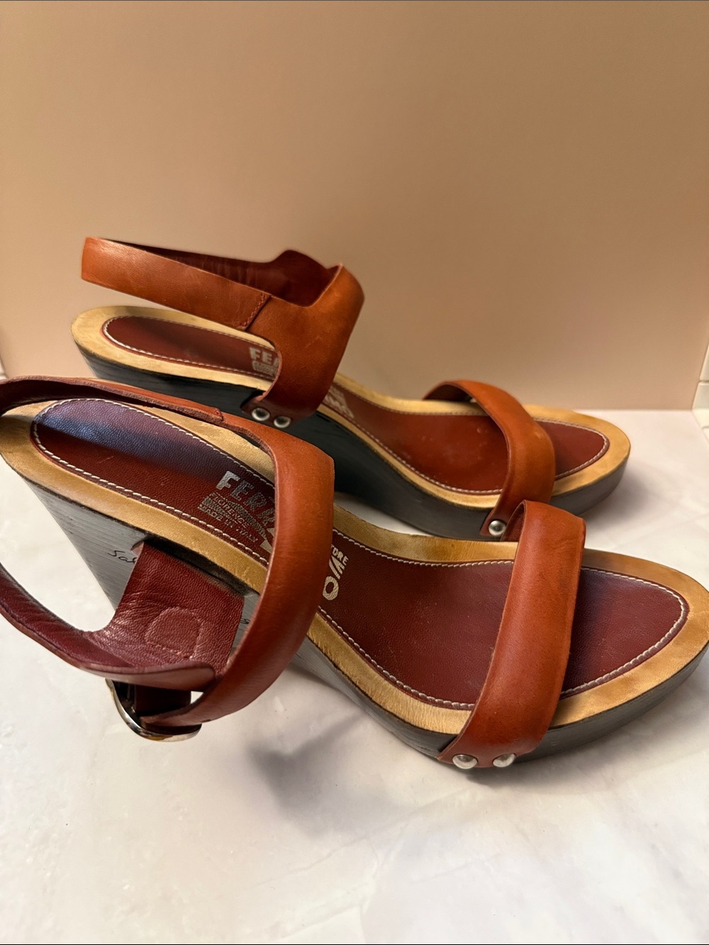 Salvatore Ferragamo Cognac Leather Slingback Sandals - Picture 4 of 13